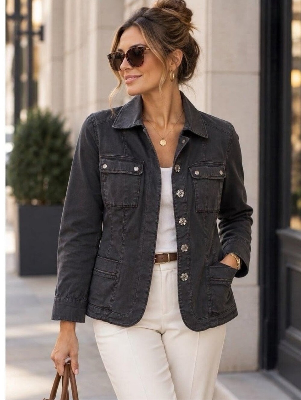 White House Black Market Charcoal Button-Front Utility Jacket
